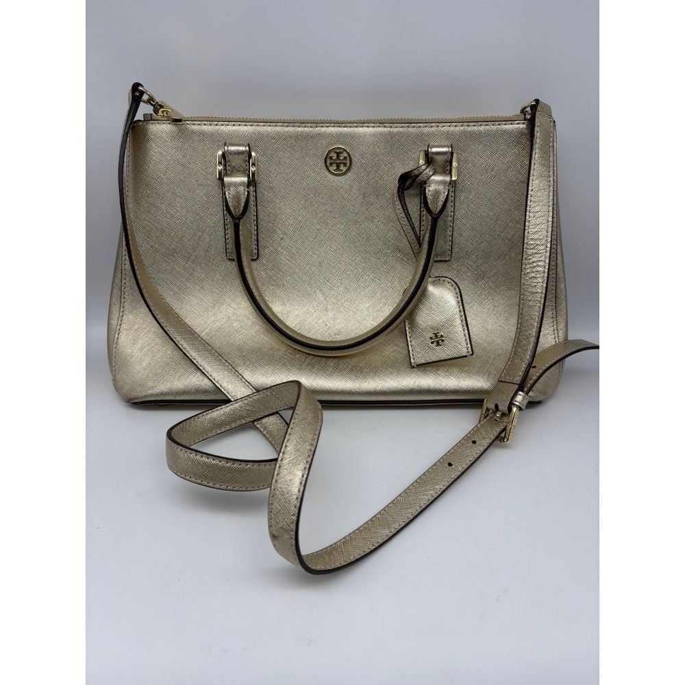 Tory Burch Robinson Satchel Medium Gold Metallic Saffiano Leather Bag